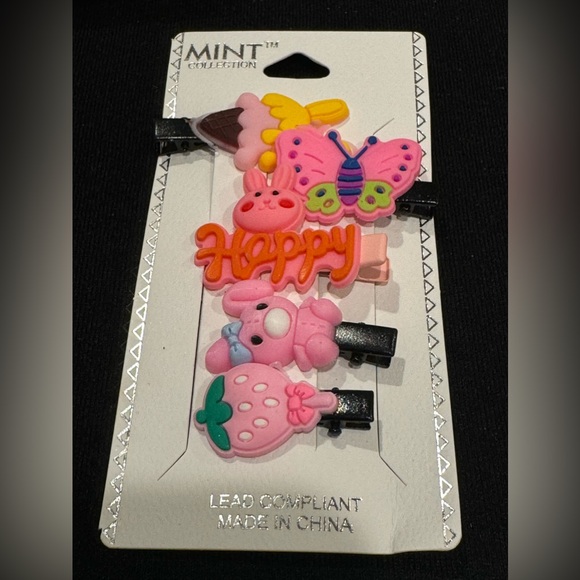 Girls Set of 5 Hair Clips in Pink Butterfly Happy - Picture 2 of 3
